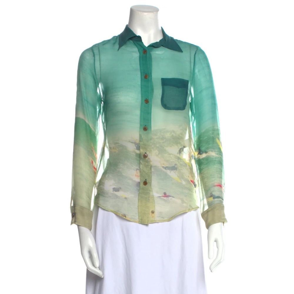 Harvey Faircloth Silk Button Down Top Surfer Print Semi Sheer Size 10